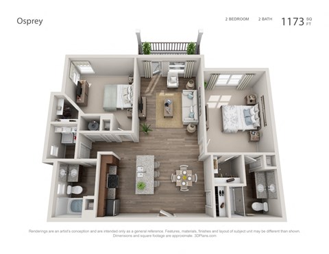 Floor plan for 2 beds, 2 baths, 1173 sqft